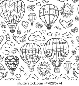 Doodle hot air balloons pattern with birds, clouds, sun, butterflies