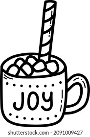 Doodle hot cocoa drink with murshmallow vector illustration. Tasty chocolate with sugar cane.