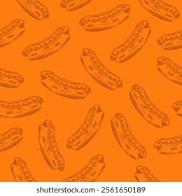 Doodle hot dog sausage seamless pattern. Hot dog hand drawn sketch motif on orange background