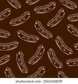 Doodle hot dog seamless pattern. Hot dog sausage hand drawn sketch. Retro vintage style