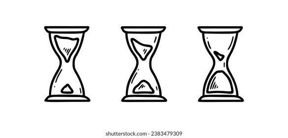 Doodle-Stundenglas-Symbole gesetzt. Sketch-Schleifglas-Uhr-Zeitraffer. Handgezeichnetes Computer-Interface-Timer-Symbol.