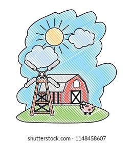 doodle house farm with sheep animal and windmill