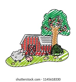 doodle house farm with sheeps animals and tree