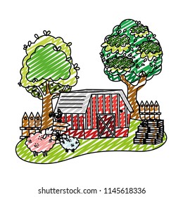 doodle house farm with sheeps and rooster animals