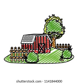 doodle house farm with wood grillage and trees