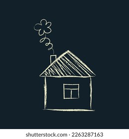 Doodle house and flower. Drawn by child's hand with chalk on pavement or on blackboard. Concept of ecological heating of residential building. Green energy. Simple drawings, white on black background