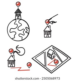 Icono de la ilustración de la ubicación del GPS del mapa de la casa de Doodle en estilo dibujado a mano