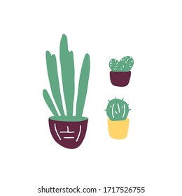 Doodle house plants. Hand drawn pot plants set. Vector illustration