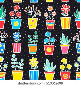 Doodle house plants. Vector seamless pattern with hand drawn plants in pots. Nice doodle flowers on black background. Red, yellow, blue, green, orange and white colors.