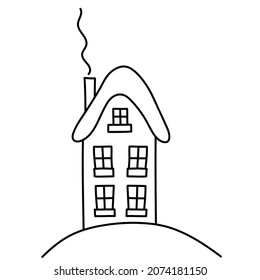 Doodle house with smoking chimney. Hand drawing christmas house with windows. Winter home. Vector illustration