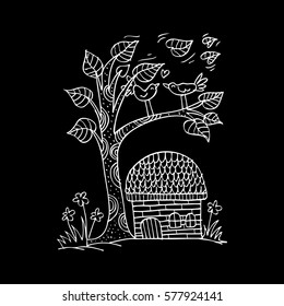 Doodle House and tree with birds in love