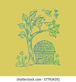 Doodle House and tree with birds in love