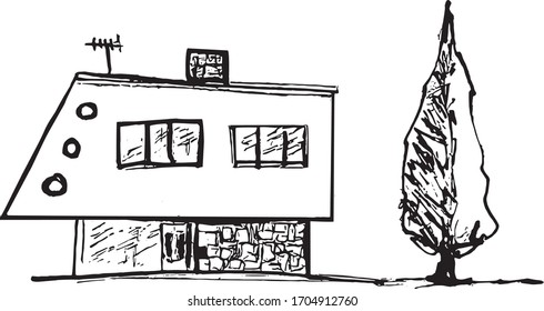 Casa de doodle con árbol - ilustración vectorial