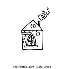 Doodle house. Vector illustration of a house with black lines on a white background with smoke hearts