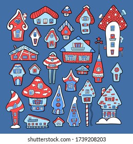 Doodle house vector illustration. Red blue winter seasonal print. Kids nursery poster. Advent calendar template. Christmas or New Year greeting card in scandinavian style. Cozy house icon or sticker