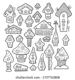 Doodle house vector illustration. Winter seasonal coloring page. Kids nursery poster. Advent calendar template. Christmas or New Year greeting card in scandinavian style. Cozy house icon or sticker