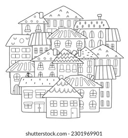 Doodle houses circle shape coloring page. Hand drawn mandala with city background for coloring book. Vector illustration