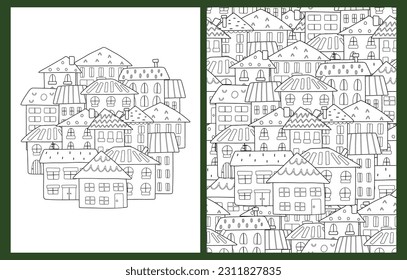 Doodle alberga páginas de coloreado establecidas en formato de carta estadounidense. Antecedentes de la ciudad en blanco y negro. Plantillas para el libro de coloreado. Ilustración del vector