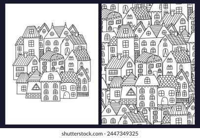 Doodle houses coloring pages set. Black and white templates bundle with city landscape for coloring book. Outline background. Vector illustration