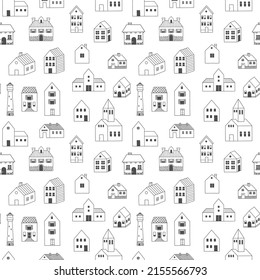 Doodle houses pattern. Seamless print of cute scandinavian minimalistic cottage, rural farm building. Vector hand drawn texture. Illustration of cute doodle pattern houses