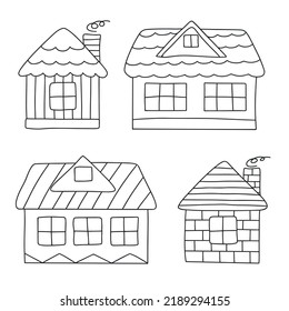 Las casas de doodle configuran la ilustración vectorial. Sencillo contorno negro de ladrillo y casa de mesa con chimenea. Casa de campo aislada con fondo blanco