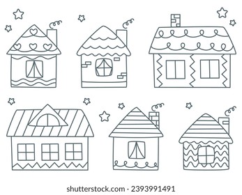 Las casas de doodle configuran la ilustración vectorial. Cabañas bien cuidadas para familias. Esbozo simple de tinta de edificio residencial rural aislado en fondo blanco