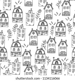 Doodle houses and trees. Simple vector seamless pattern with hand drawn building. Cute background with many homes. Black and white colors. Coloring page for adult and children.