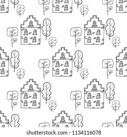Doodle houses and trees. Simple vector seamless pattern with hand drawn building. Cute background with many homes. Black and white colors. Coloring page for adult and children.