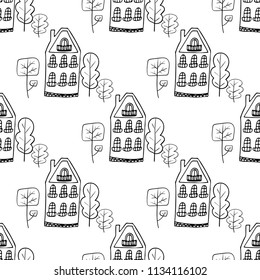 Doodle houses and trees. Simple vector seamless pattern with hand drawn building. Cute background with many homes. Black and white colors. Coloring page for adult and children.