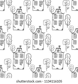 Doodle houses and trees. Simple vector seamless pattern with hand drawn building. Cute background with many homes. Black and white colors. Coloring page for adult and children.