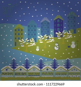 Doodle houses vector background. Nice buildings on blue, yellow and green colors. Vector illustration.