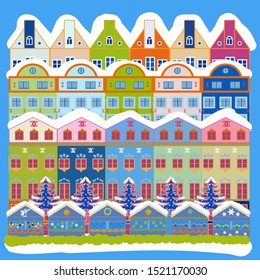 Doodle houses vector background. Nice buildings on white, blue and neutral colors. Vector illustration.