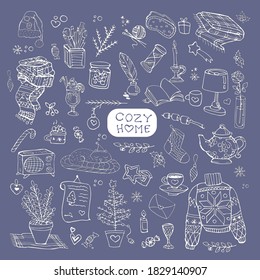 
Doodle Hugge hand drawn illustration in of cozy home. Doodle elements for  cards, posters, stickers and seasonal design pictures,
doodle set of cute objects 