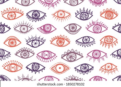 Doodle human eyes abstract endless pattern. Sketch drawing style illustration. Fashion packaging vector design. Doodle eyes on white background magic repeatable ornament.