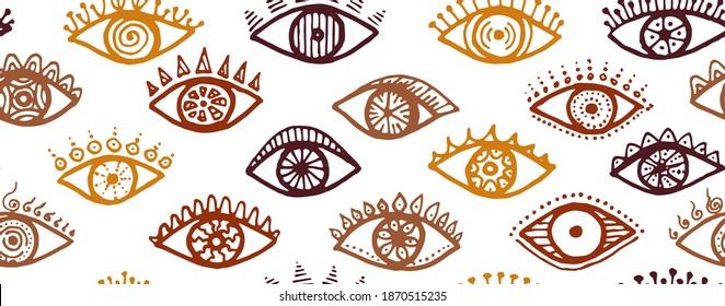 Doodle human eyes colorful repeatable pattern. Sketch drawing style illustration. Cosmetics packaging vector design. Isolated eyes with girly eyelashes stylish endless ornament.