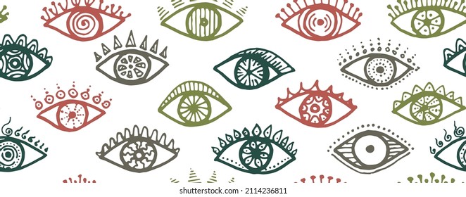 Doodle human eyes cute seamless pattern. Pop art graphic style illustration. Mascara wrapping print design. Open eyes with girly eyelashes boho endless ornament.