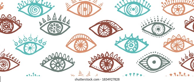 Doodle human eyes esoteric endless pattern. Pop art graphic style illustration. Mascara packaging vector design. Isolated eyes with girly eyelashes trendy repeatable ornament.