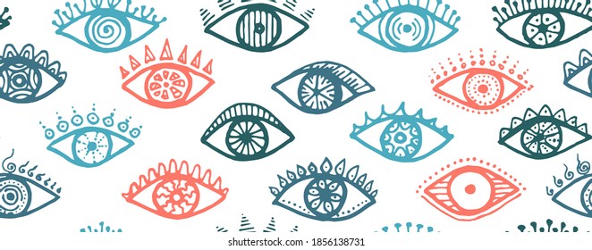 Doodle ojos humanos vintage ornamento repetible. Ilustración de estilo gráfico de arte pop. Diseño de impresión de envoltura de mascara. Ojos aislados con pestañas onduladas de etnia inacabable.