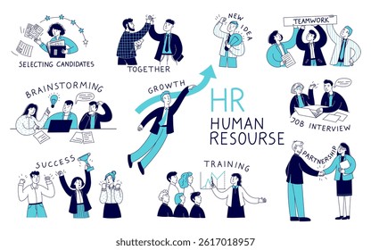 Doodle human resources. Business people team and employee HR recruitment, businessman work career growth and persons skills development concept. Vector human line set.
