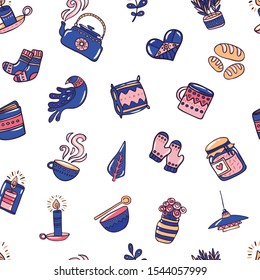 Doodle Hygge background. Hand drawn vector seamless pattern about danish living concept.
