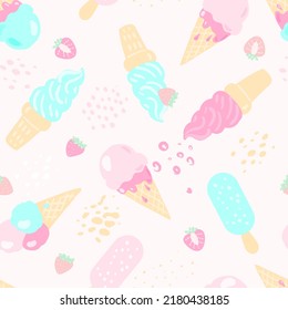 Doodle ice cream  and abstract elements. Vector seamless pattern. Hand drawn illustrations.