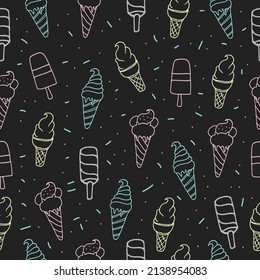 doodle ice cream art. seamless pattern with set of ice cream with sprinkles illustration isolated on blackboard background. colorful outline, hand drawn vector. wallpaper, backdrop, wrapping paper.