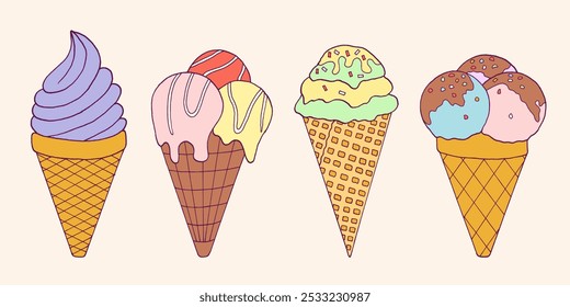 Doodle colección de helado. Estilo infantil dibujado a mano de dulces lindos