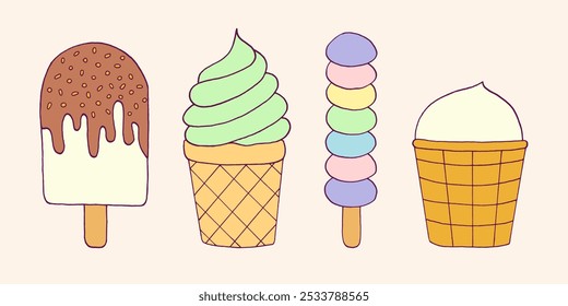 Doodle colección de helado. Estilo infantil dibujado a mano de dulces lindos