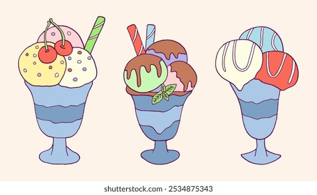 Doodle colección de helado. Estilo infantil dibujado a mano de dulces lindos