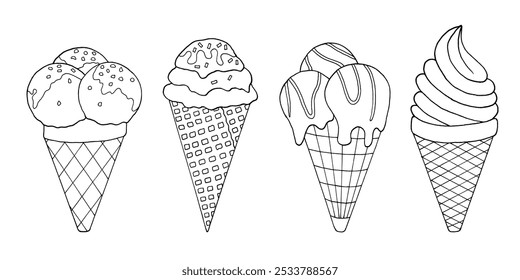 Doodle colección de helado para niños para colorear. Estilo infantil dibujado a mano de dulces lindos