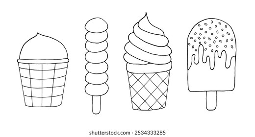 Doodle colección de helado para niños para colorear. Estilo infantil dibujado a mano de dulces lindos