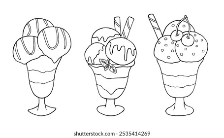 Doodle colección de helado para niños para colorear. Estilo infantil dibujado a mano de dulces lindos