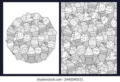 Doodle ice cream coloring pages set. Black and white summer templates for coloring. Outline background. Vector illustration