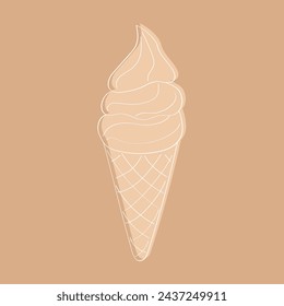 A doodle ice cream cone with a scoop of ice cream balanced on top, set against a plain brown background. The cone is simple in design, with minimalist lines and shapes